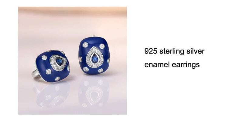 Laya 925 Sterling Silver Retro Style Shining Zircon Synthetic Crystal Blue Enamel Clip Earrings Ring Sets For Women Jewelry