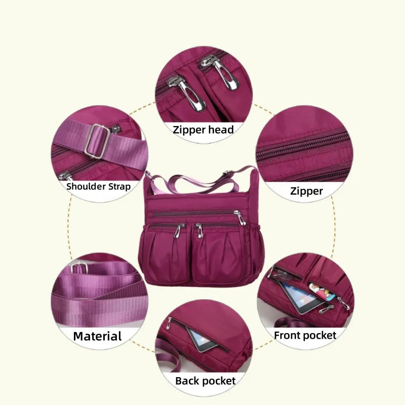Large Capacity Waterproof Nylon Shoulder Bag Multi-Pocket Crossbody Bag Female Bag Shopping Travel Lady Handbag Leisure Purse