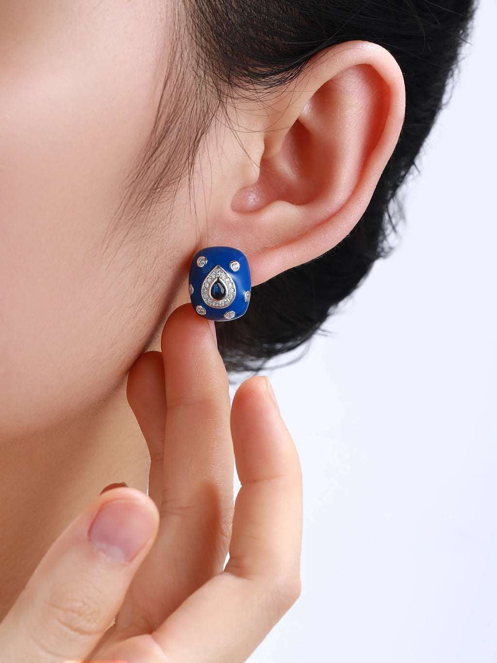 Laya 925 Sterling Silver Retro Style Shining Zircon Synthetic Crystal Blue Enamel Clip Earrings Ring Sets For Women Jewelry