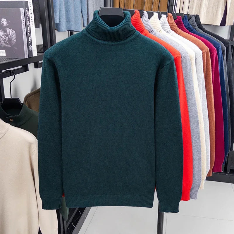 Autumn Mens High Quality Knitted Turtleneck Sweater Slim Fit Long Sleeve Anti-pilling Pullover Solid Color Trend Men Streetwea