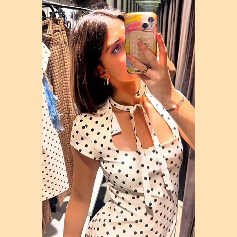 Sexy Women's Dress Halter Lace Up Short Sleeve Polka Print Female Dresses 2026 Early Spring New Fashion Chic Party Lady Robes