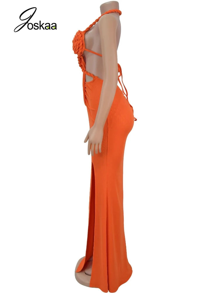 Joskaa Women Summer Knit Halter Long Dress Sexy Hollow Backless Slit Bodycon Maxi Dresses Holiday Party Club Beachwear S-XXL