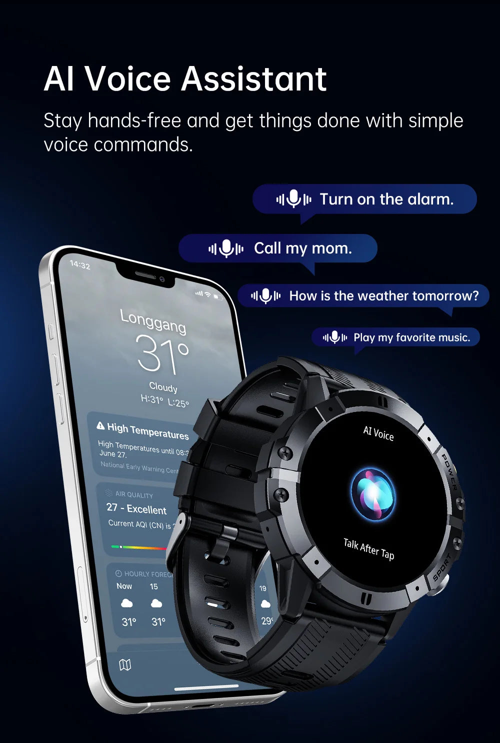 Rugged Fitness Smartwatch - 100+ Professional Sport Modes, Life Waterproof, Smart Message Notifications, Precision Sleep Tracker
