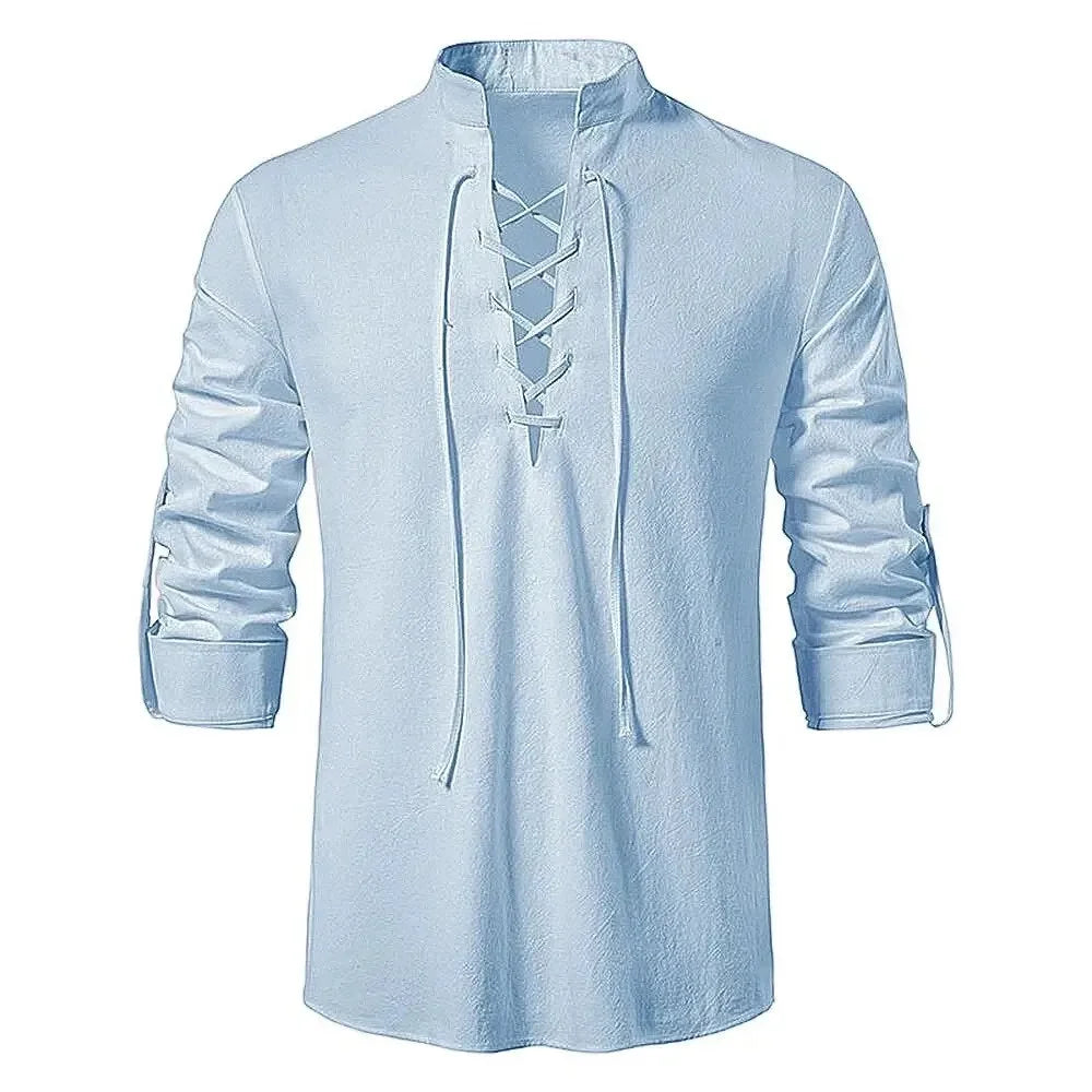 King Billion Men's Shirts Casual Men Cotton Linen Long Sleeve T-shirt Spring Autumn Vintage Shirt US Size Drawstring Neck