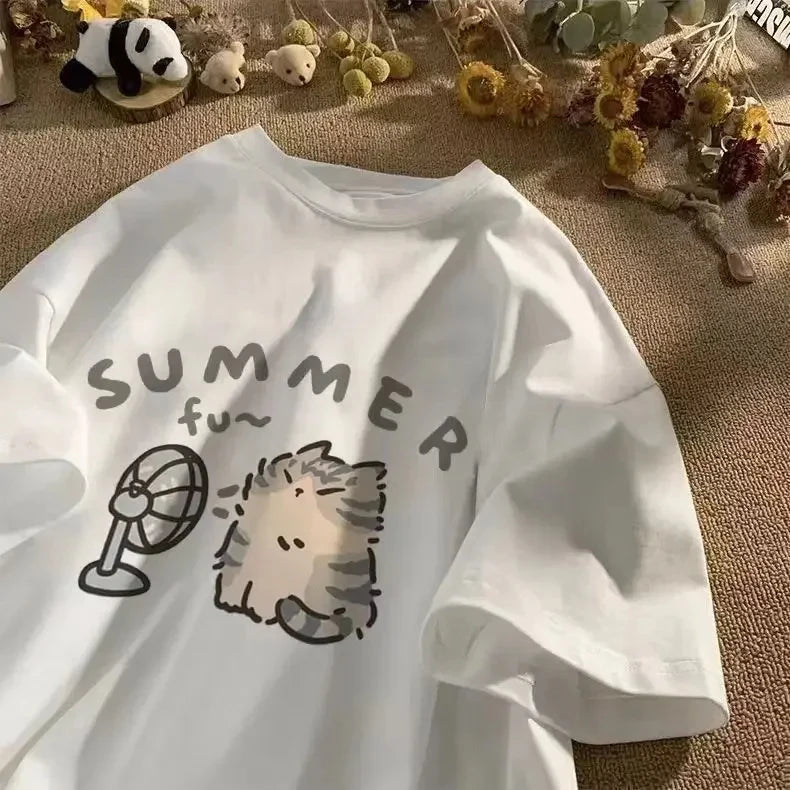 American Street Creative Blow Fan Cat Pure Cotton T-shirt for Men Women Summer Relaxed Short Sleeve Couple Wear Harajuku Top Tee
