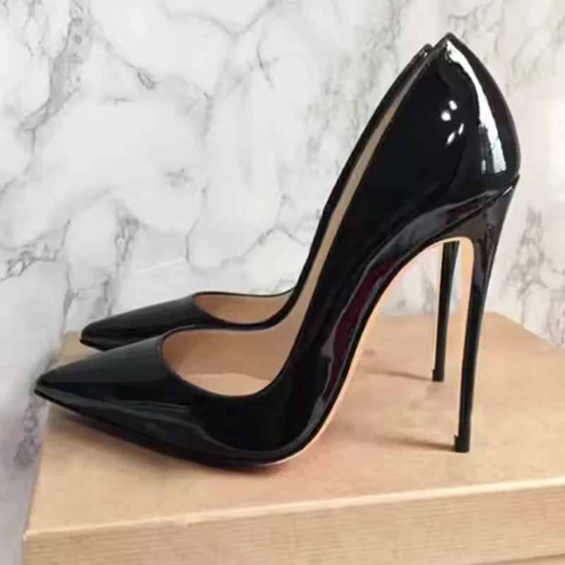12cm 10cm Thin High Heels Sexy Patent Leather Pointed Toe Comfortable Stilettos Celebrity For Pumps OL Black dress Shoes Ladies