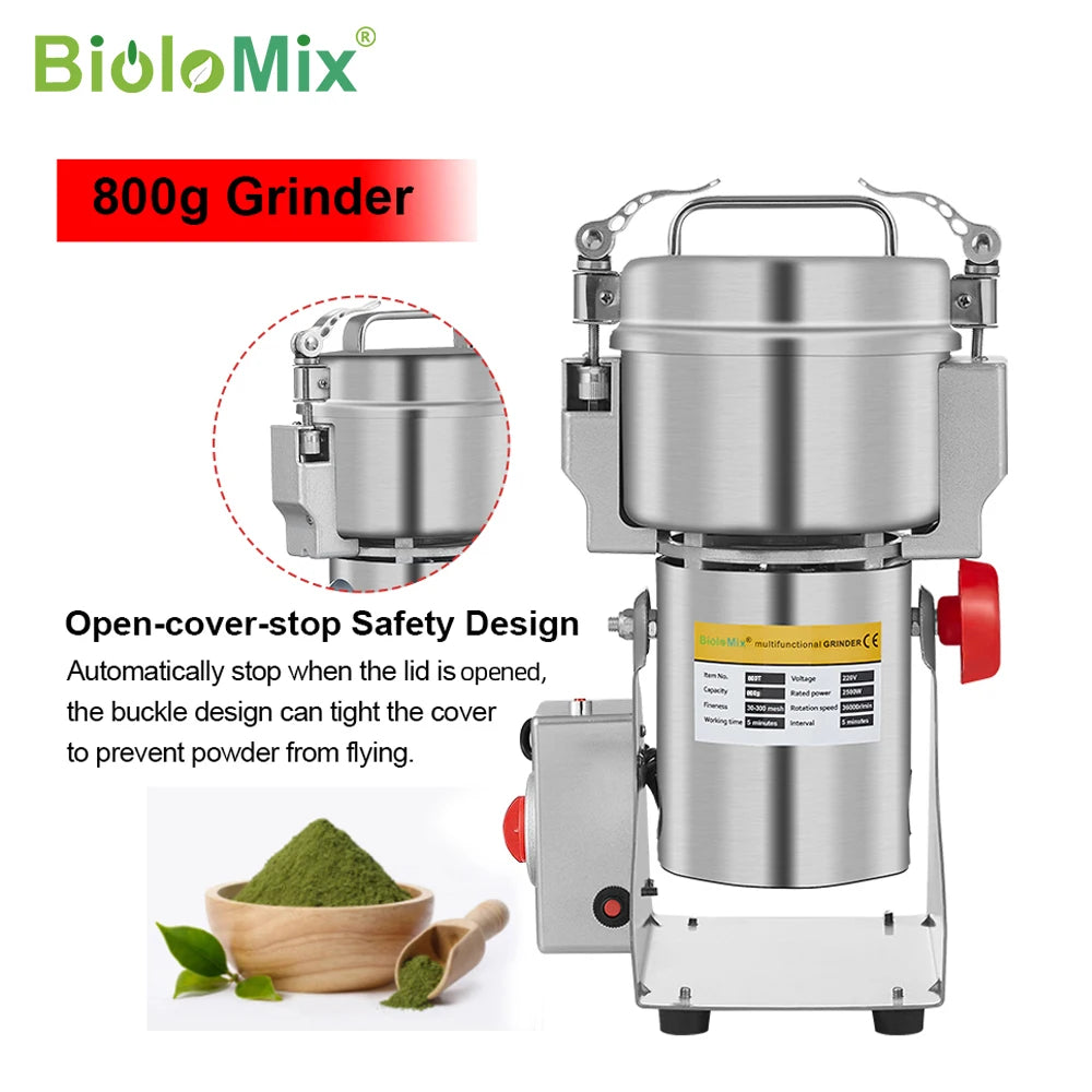 BioloMix Trockenfutter-Mühle 800g 700g - Getreide-, Gewürz-, Kräuter-, Müsli-, Kaffeemühle zum Zerkleinern von Mehl und Pulver