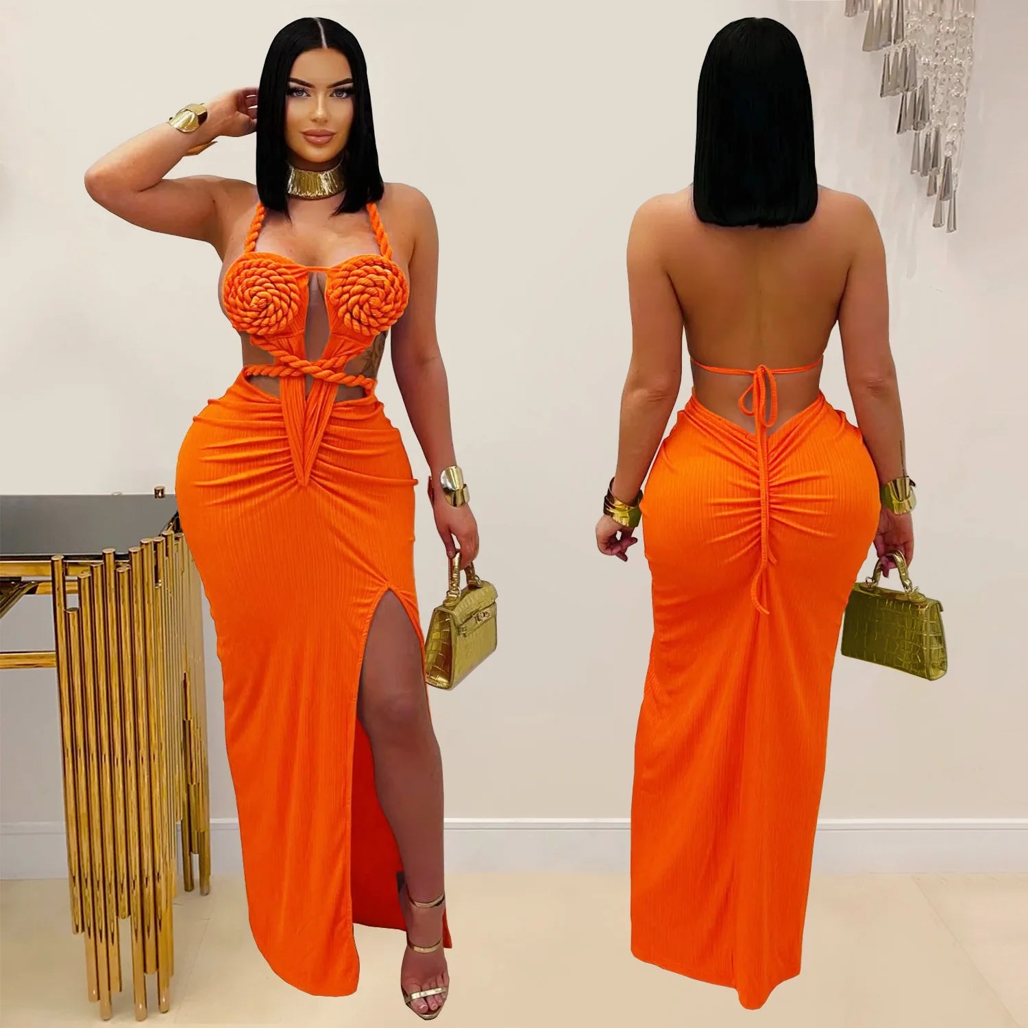 Joskaa Women Summer Knit Halter Long Dress Sexy Hollow Backless Slit Bodycon Maxi Dresses Holiday Party Club Beachwear S-XXL