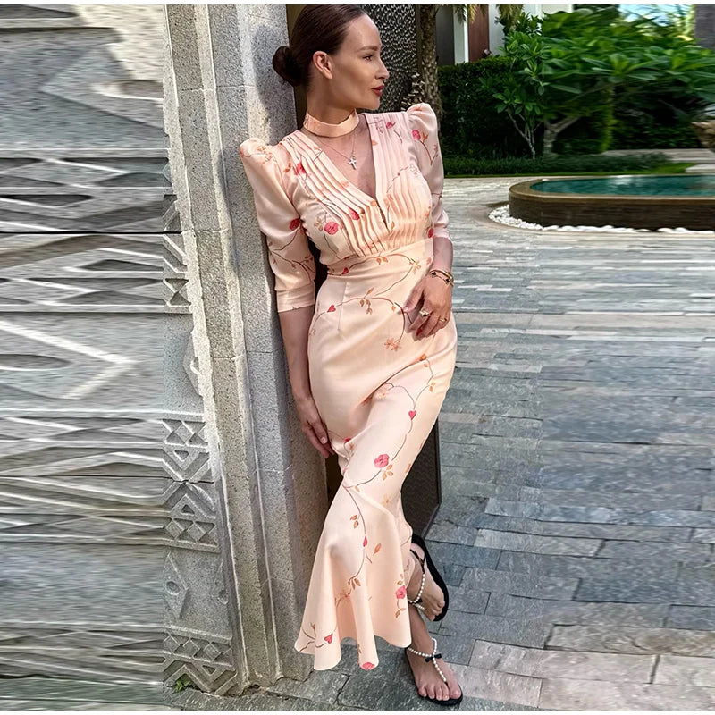 Sexy Print Deep V-neck Midi Dress Women Pleat Slim Puff Half Sleeve Party Holiday Dresses 2025 Summer Lady High Waist Robes