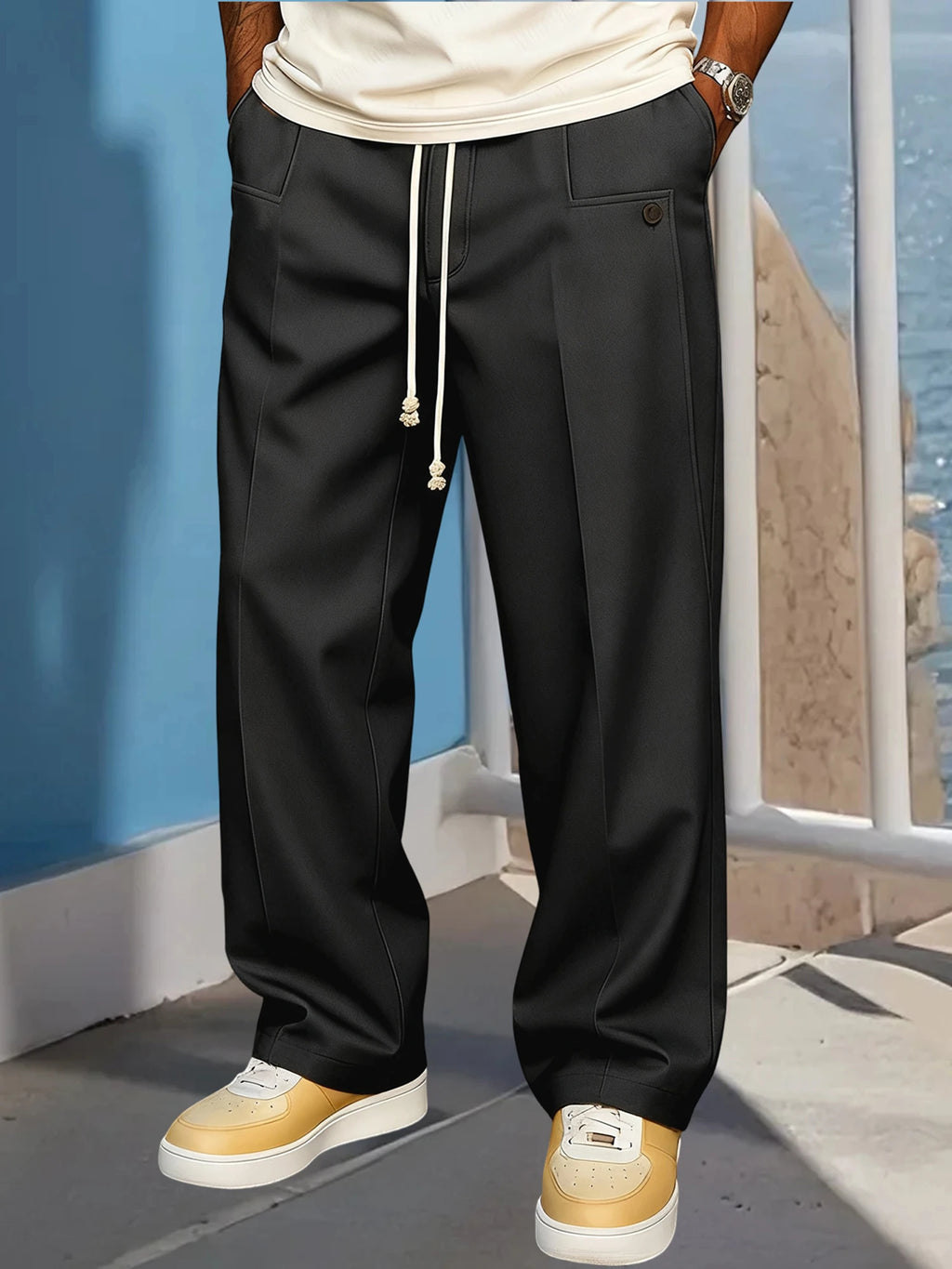 Men s Elastic Waist Jogger Pants with Side Pockets Comfortable Solid Color Casual Mid Rise  Fit Trousers