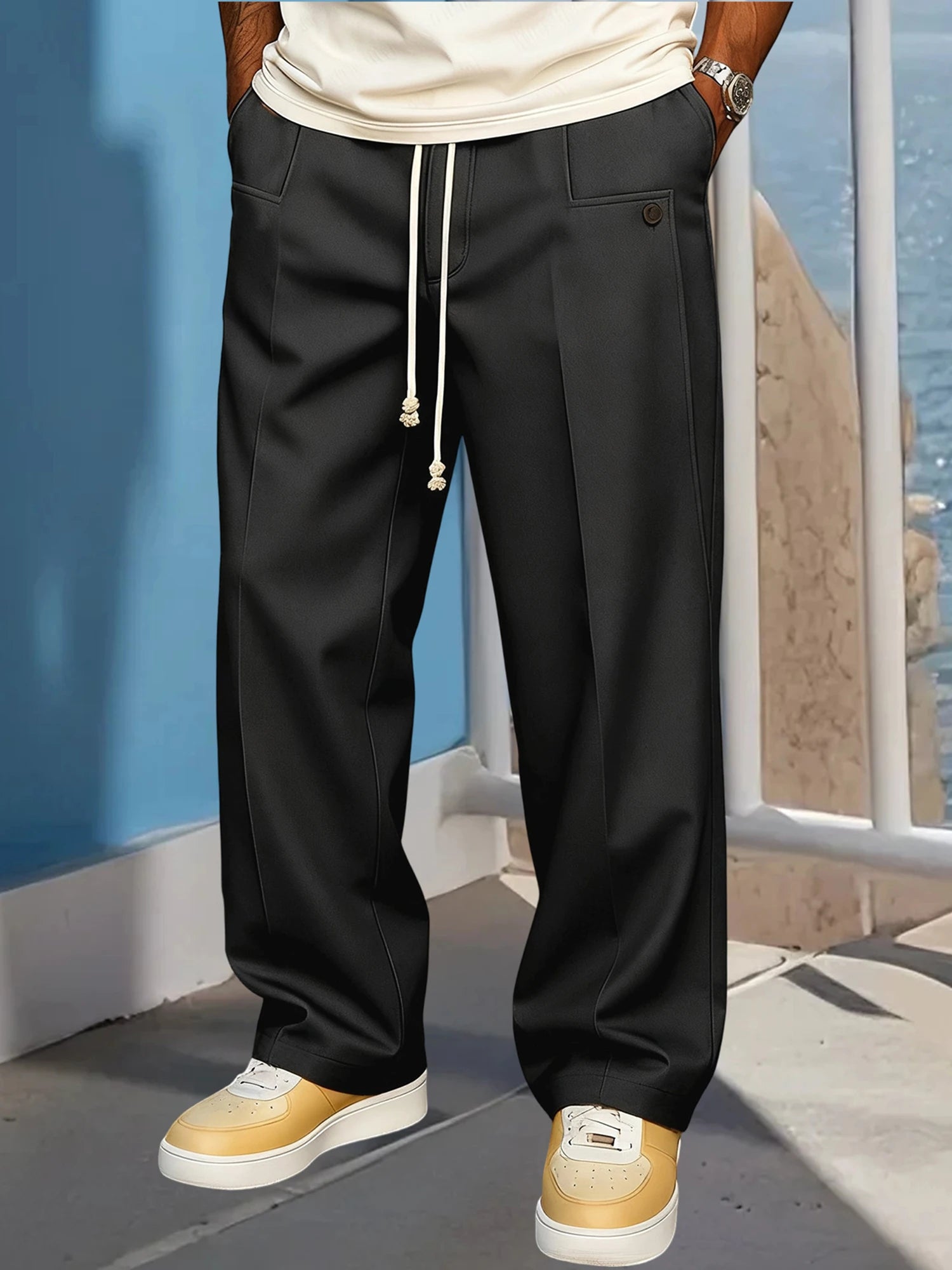 Men s Elastic Waist Jogger Pants with Side Pockets Comfortable Solid Color Casual Mid Rise  Fit Trousers