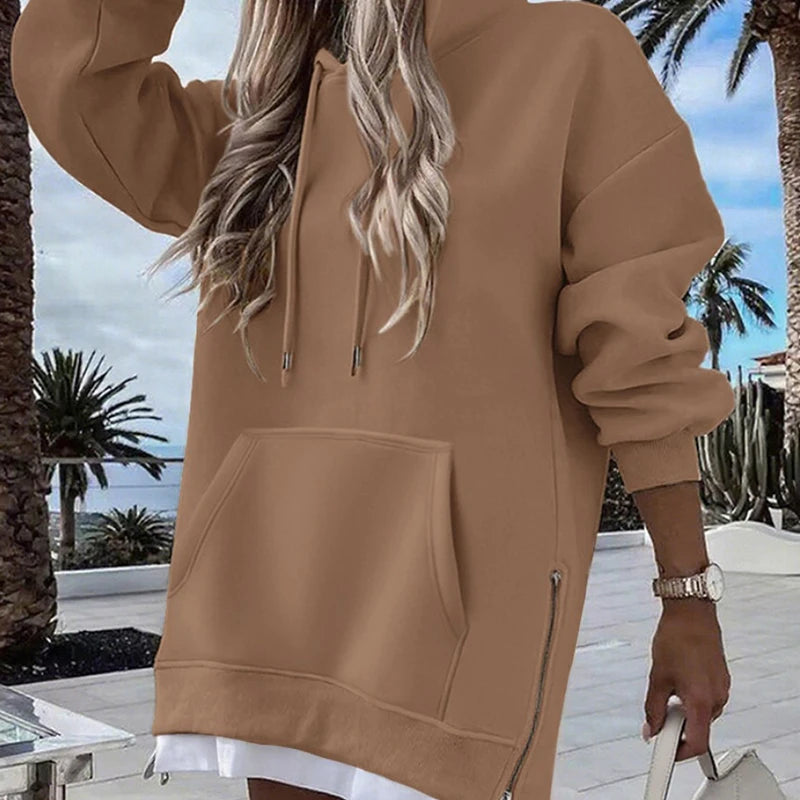 Women's Long Sleeve Patchwork Pullover Hoodie Autumn Winter Fashion Drawstring Loose Zipper Simple Hoodies 2025 Top Streetwear