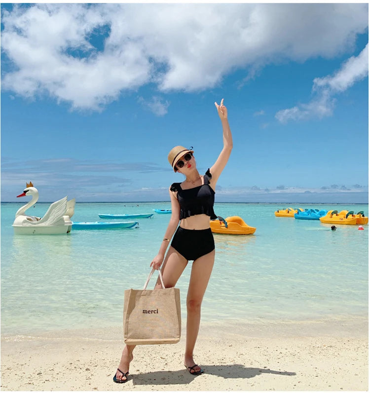High Waist Women's Bikini Set Padded Ruffle Biquini Suit Two Pieces Swimwear Swimsuit High Quality Beach Suit 2023