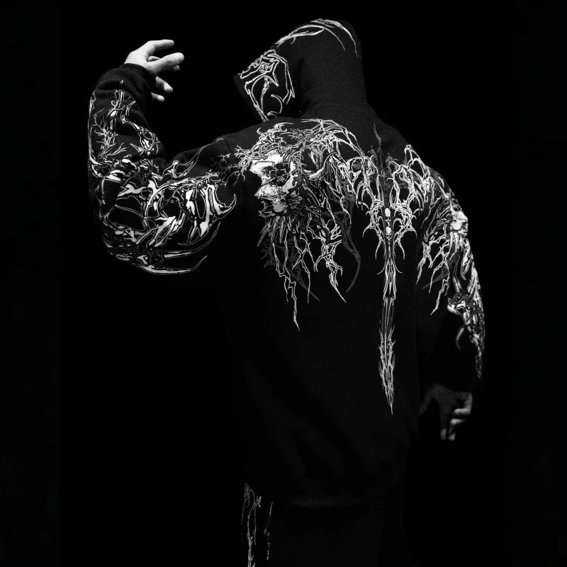 2025 Nuwe Amerikaanse Styl Mans Hooded Sweatshirt Modieuse Handelsmerk Donker Styl Sport Fiksheid Hoë Straat Herfs Winter Mans Sweatshirt