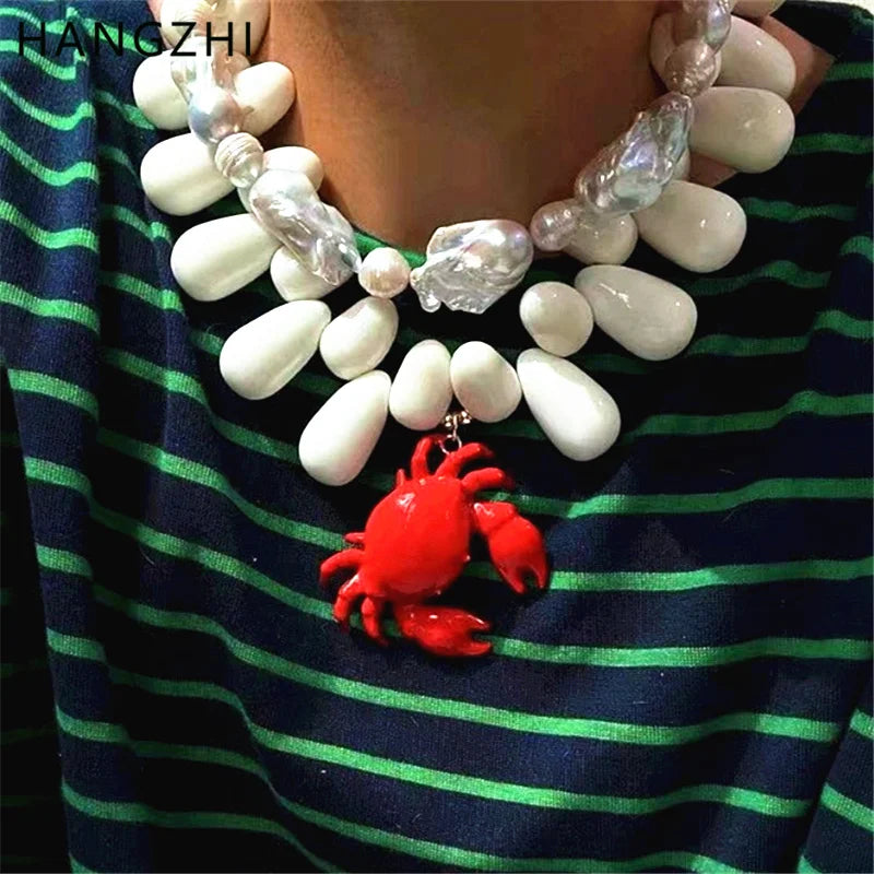 HANGZHI Exaggerated Resin Water Drop Beaded Red Crab Pendant Necklace New Design Chunky Charms Jewelry for Women