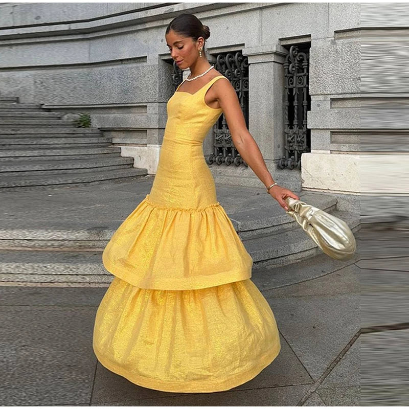 Elegant Ruffles Shiny Dress Women Square Neck A Line Solid Sleeveless Robe Female 2024 Summer Fashion Party Evening Dresses Lady
