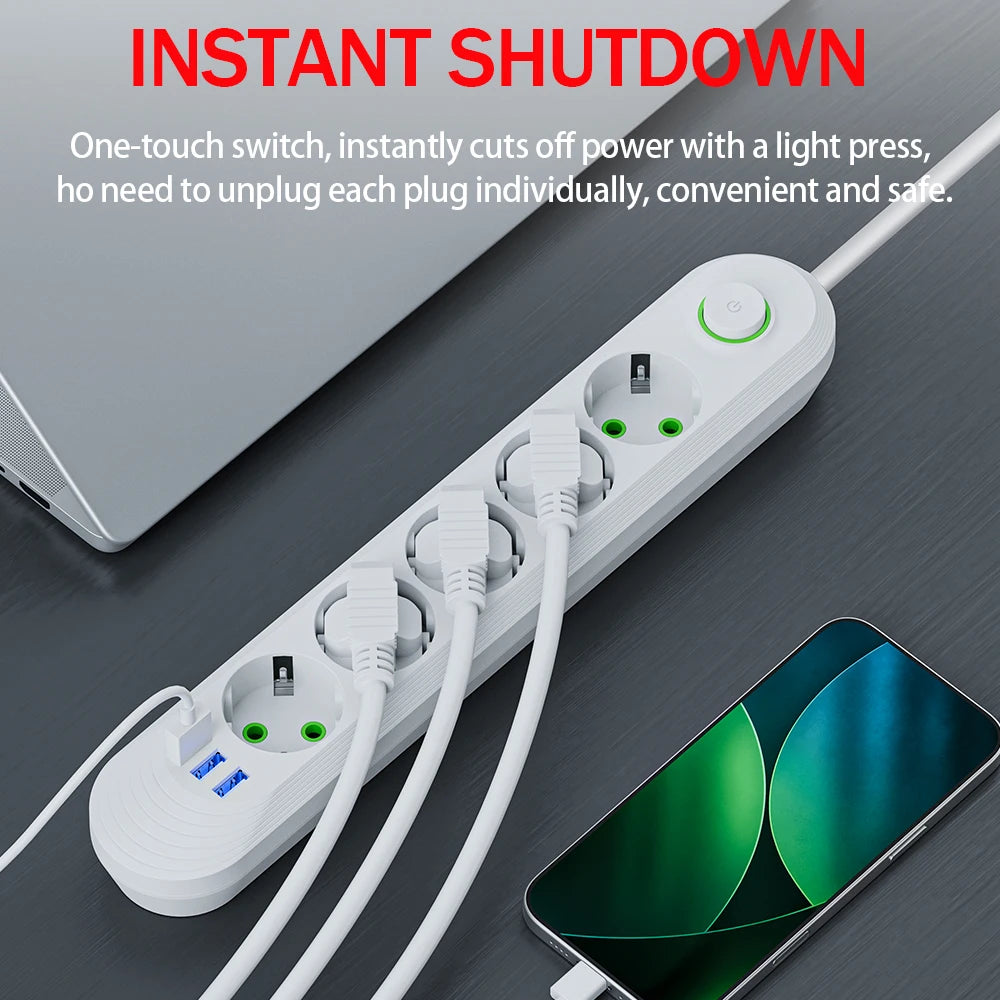 EU Plug AC Outlet Multiprise Power Strip 2m Extension Cord Electrical Socket Network Filter With USB Ports 2.1A Fast Charging