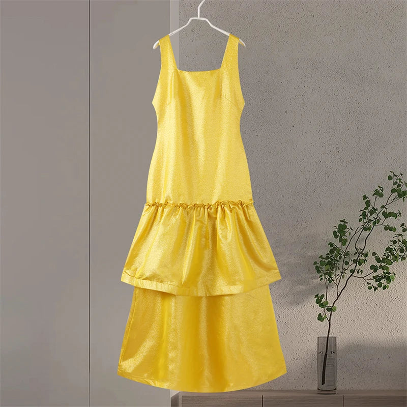 Elegant Ruffles Shiny Dress Women Square Neck A Line Solid Sleeveless Robe Female 2024 Summer Fashion Party Evening Dresses Lady