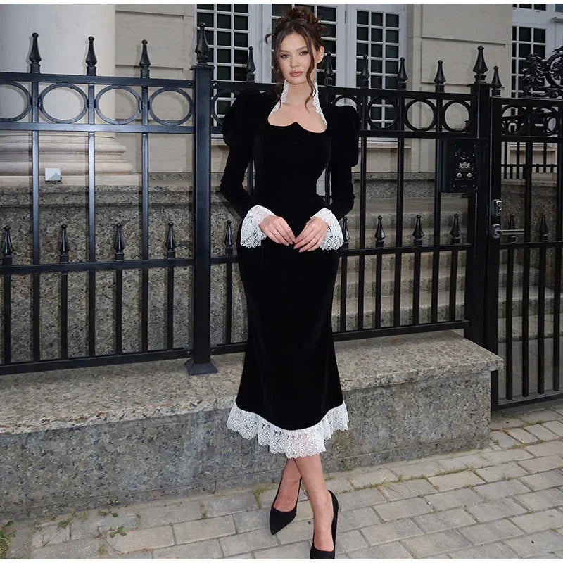 Square Collar Puff Sleeve Women Dress Patchwork Slim Pleated Lady Maxi Dresses 2026 Elegant Spring Vintage Female Vestidos