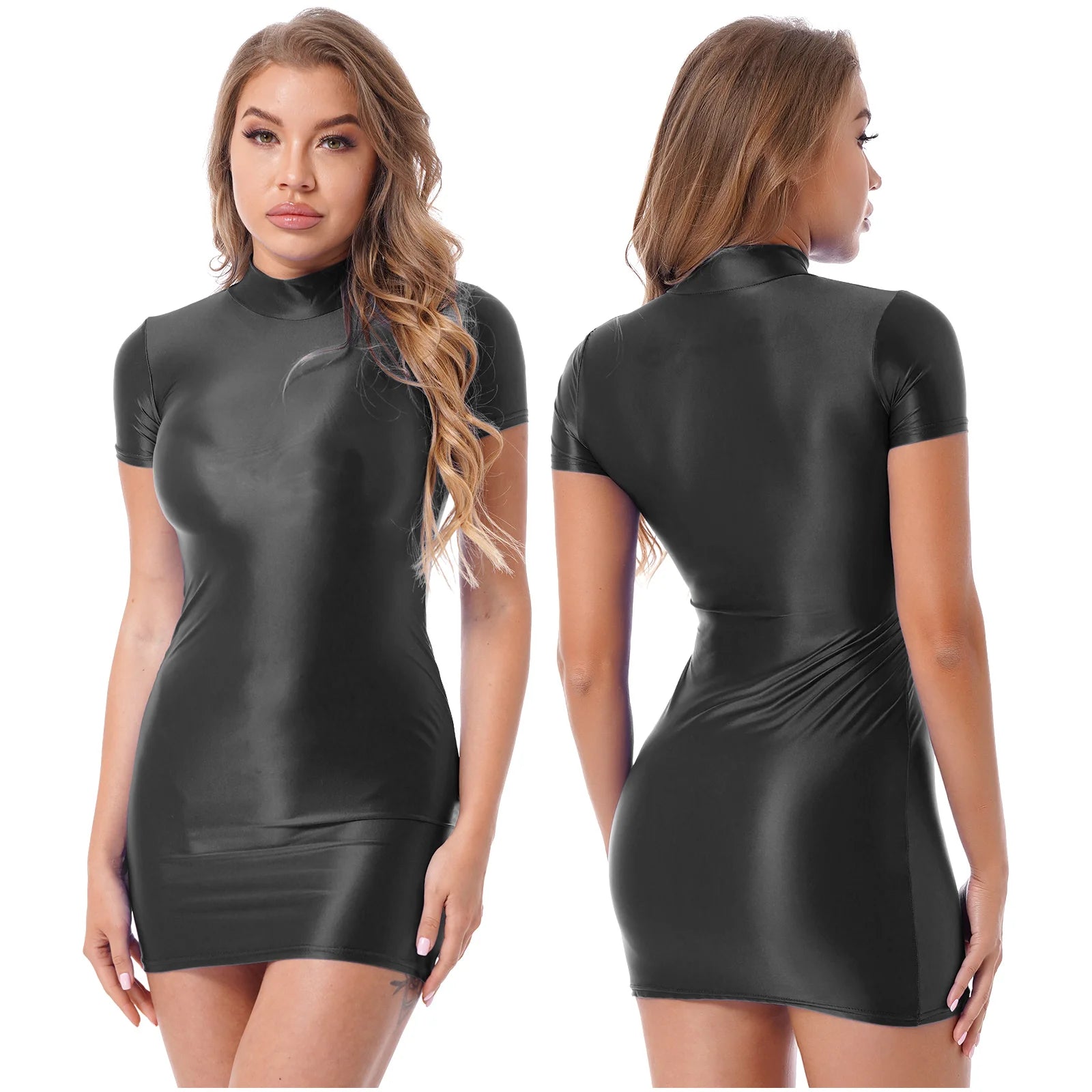 Women Glossy Bodycon Dress Long Sleeve Oil Shiny Smooth Mini Pencil Dress Stretchy Mock Neck Tight  Party Dresses Dance Clubwear