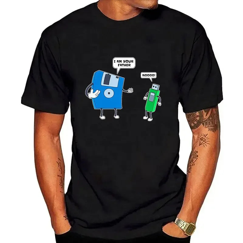 Floppy Disk Graphic Men's Tee Father & Son Floppy Disk Engineer Graphic Short Sleeve Casual Cotton Crew Neck T-Shirt for Men