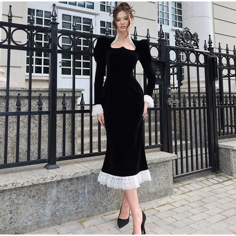 Square Collar Puff Sleeve Women Dress Patchwork Slim Pleated Lady Maxi Dresses 2026 Elegant Spring Vintage Female Vestidos