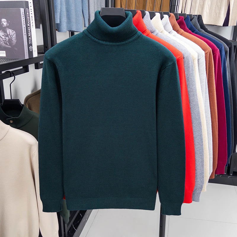 Autumn Mens High Quality Knitted Turtleneck Sweater Slim Fit Long Sleeve Anti-pilling Pullover Solid Color Trend Men Streetwea