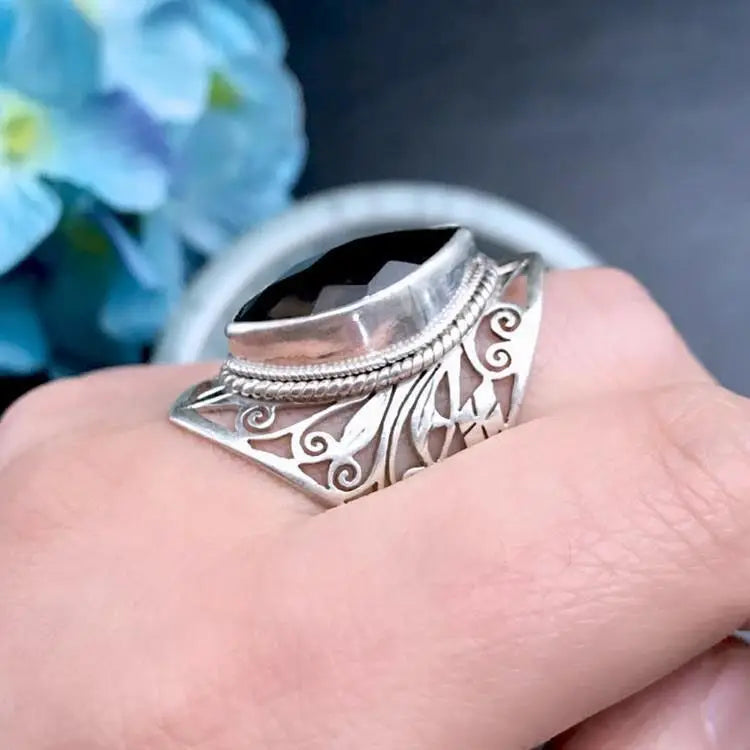silver 925 Retro Hollow out Ring national style Classic Wide Tea Crystal Men's and rings for women fine Jewelry Gift