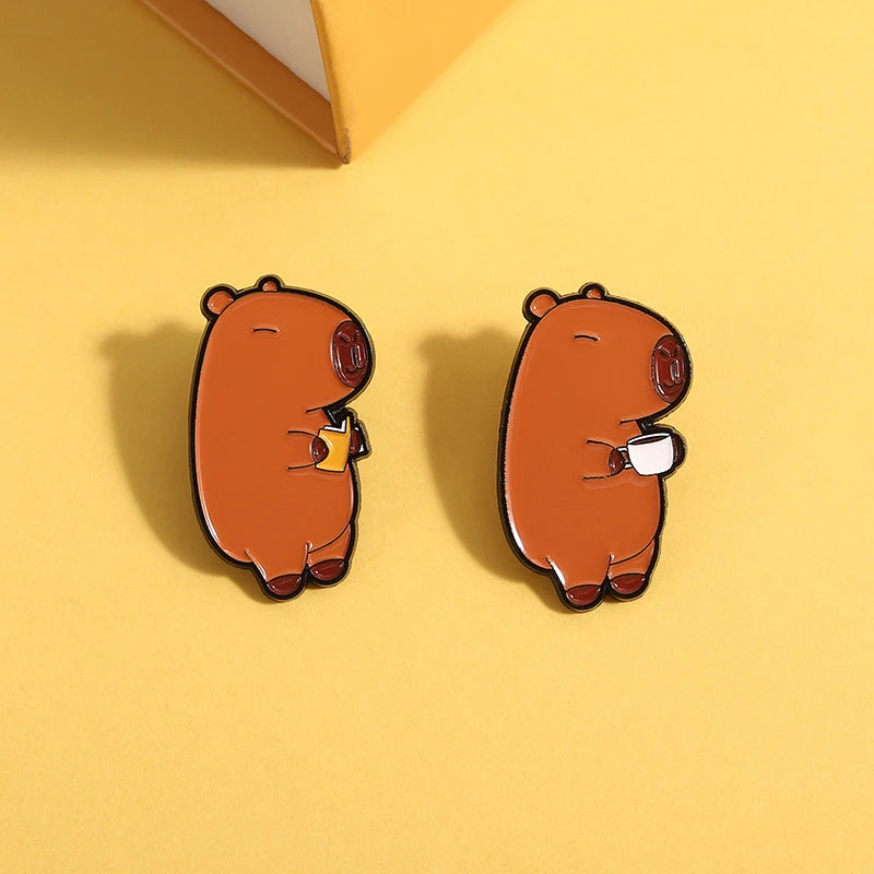 Cute Capybara Animal Enamel Pins Cartoon Cappy with Coffee Metal Brooches Lapel Badge Funny Animal Jewelry Gifts for Friends