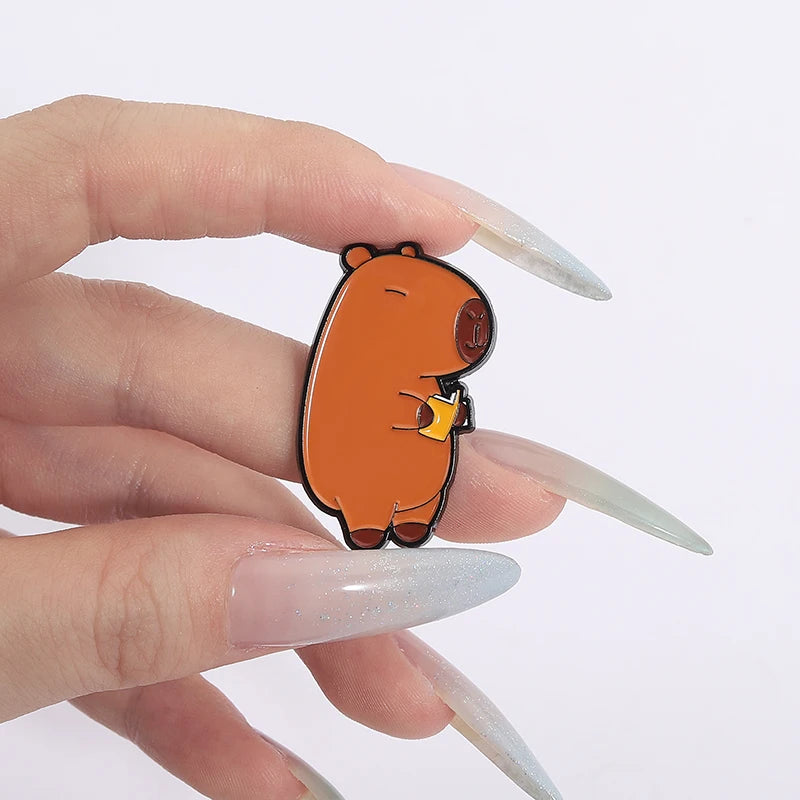 Cute Capybara Animal Enamel Pins Cartoon Cappy with Coffee Metal Brooches Lapel Badge Funny Animal Jewelry Gifts for Friends