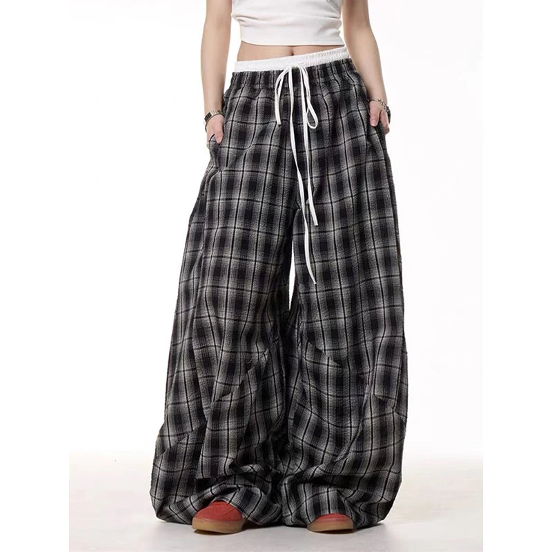 Black Plaid Patchwork Wide Leg Pants Men's Autumn American Vintage Y2K 2000s Style High Waisted Hip Hop Breathable Sweatpants