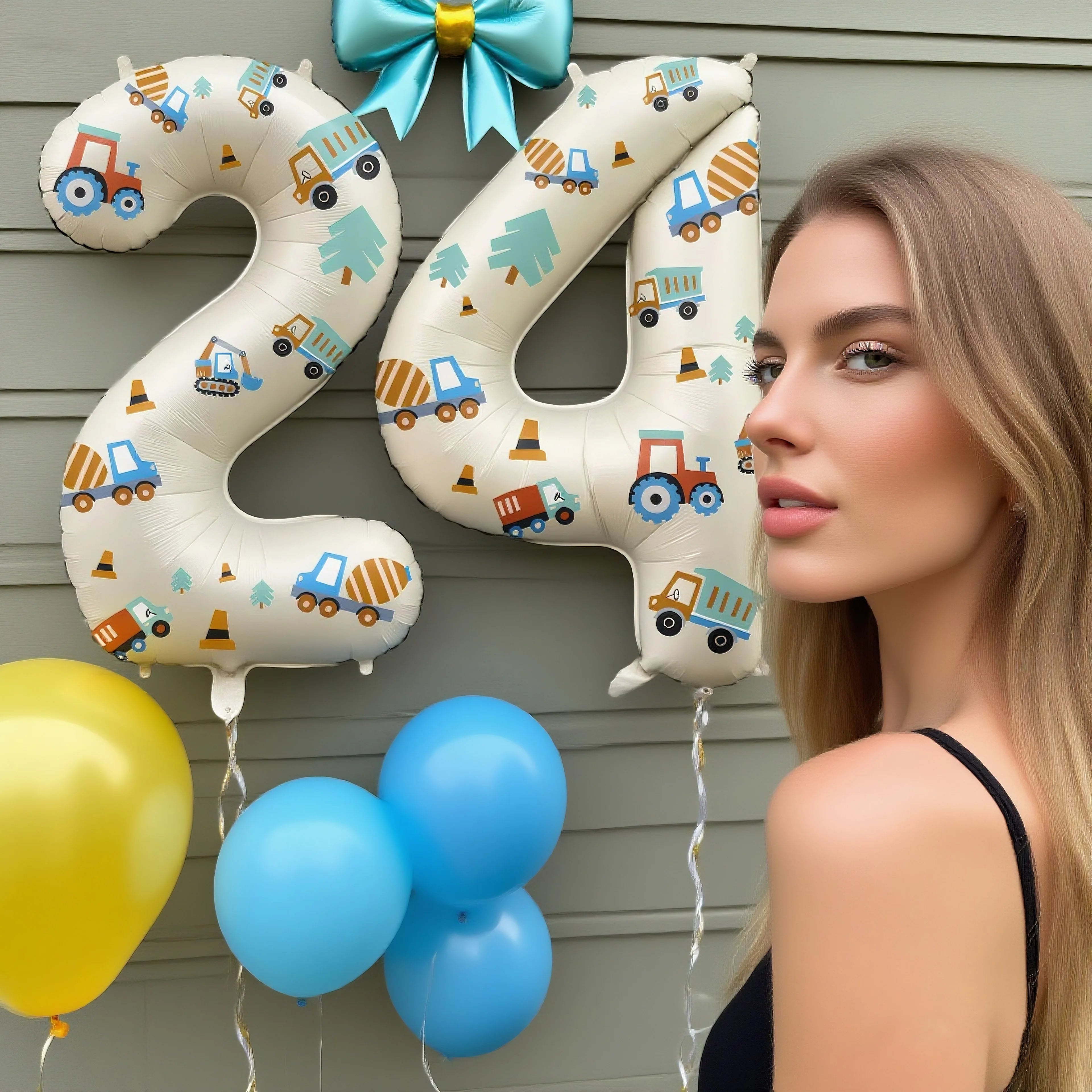 32in Foil Number Balloons with Construction Vehicle Stickers, 0-9 for Birthday Party Home Decor, Graduation/Halloween/