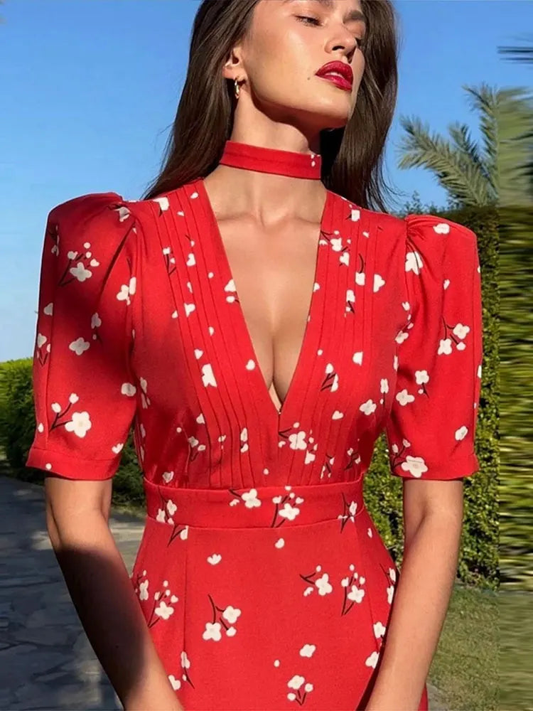 Sexy Print Deep V-neck Midi Dress Women Pleat Slim Puff Half Sleeve Party Holiday Dresses 2025 Summer Lady High Waist Robes