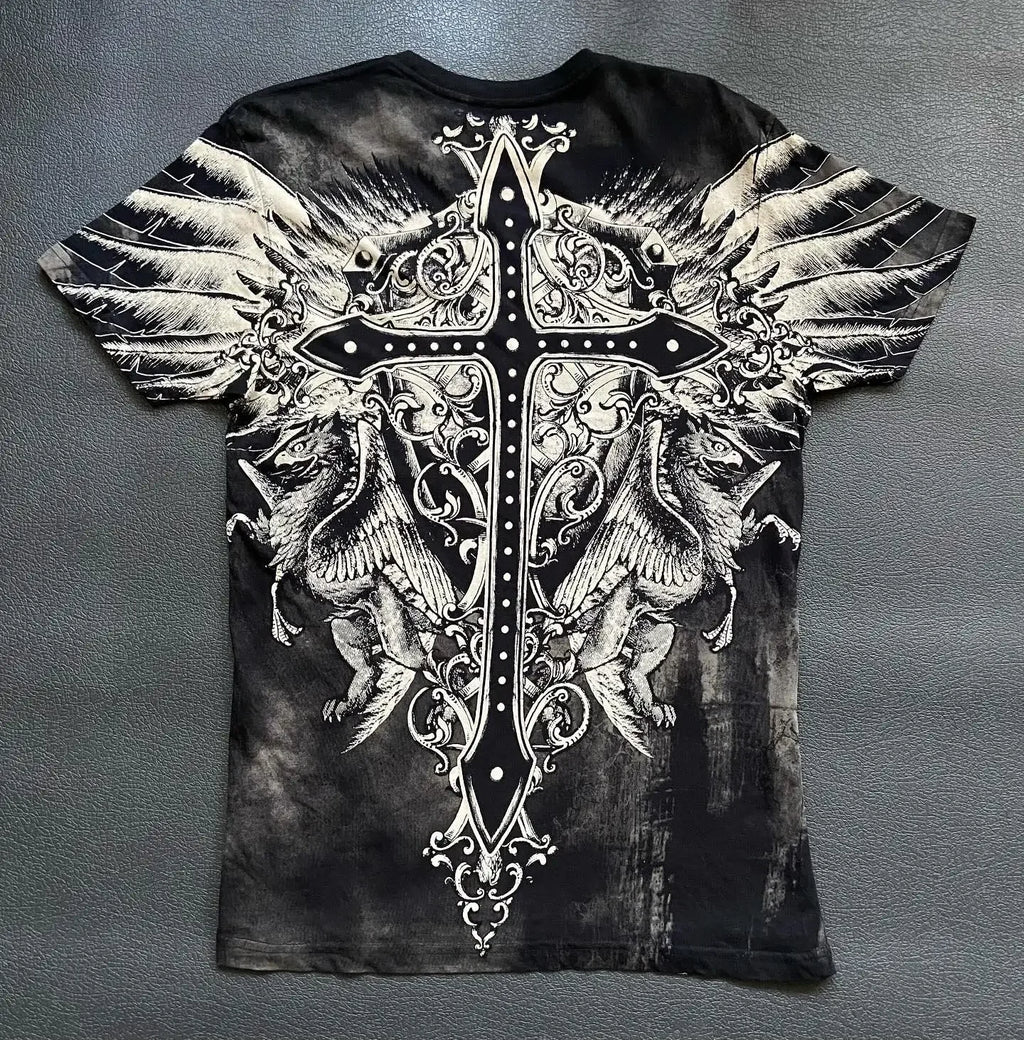 Gothic Vintage Distressed T-Shirt Two-in-One Skeleton Print Layered Top Y2K Retro Streetwear Loose Fit Harajuku Fashion Tee