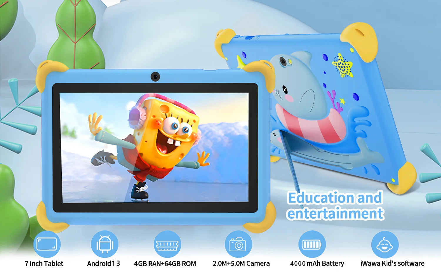 New 7 Inch 5G Pad Cartoon Pattern Kids' tablets Android Learning Education Tablet PC Kids-Proof protective Case Tablet 4000mAh