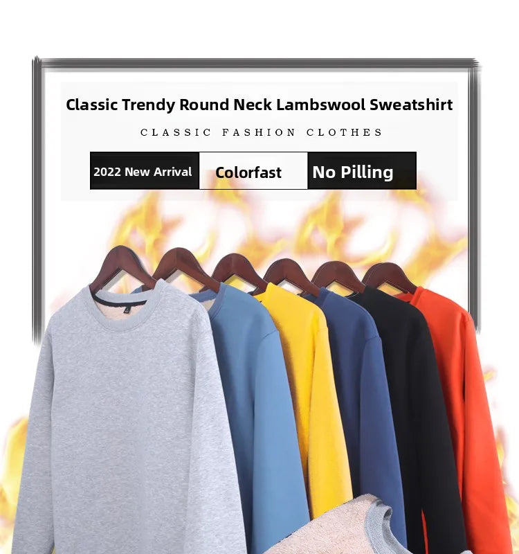 Lamb Velvet Hoodie Men's Thickened Fleece round Neck Casual Versatile Teenage Warm Top Lamb Velvet Jacket Winter Fashion