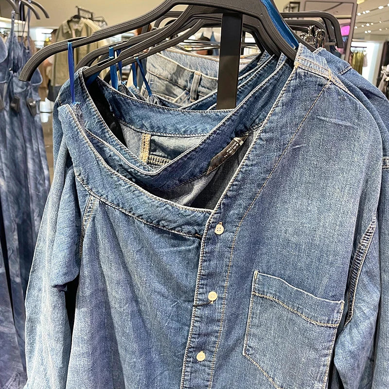 2025 Women's Denim Shirts Button Blouses Asymmetric's Shirts Tops