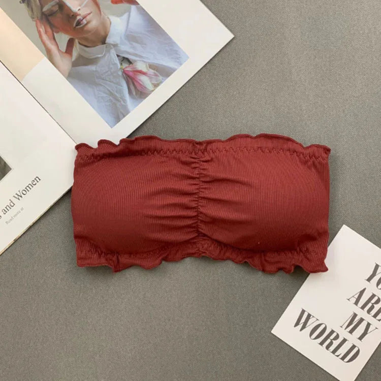 Ruffle Strapless Three Hook-and-eye Cotton Bra Crop Top Sexy Solid Women Bra Invisible Beauty Back Off Shoulder Omighty Camisole