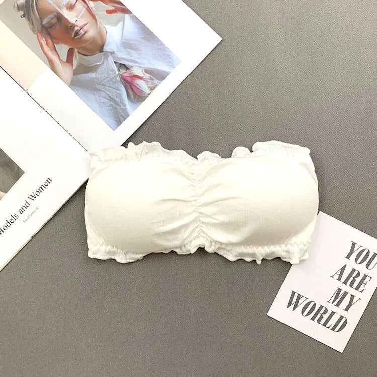 Ruffle Strapless Three Hook-and-eye Cotton Bra Crop Top Sexy Solid Women Bra Invisible Beauty Back Off Shoulder Omighty Camisole