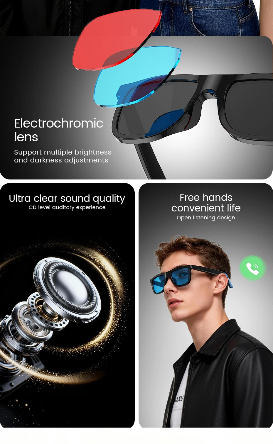 Smart Audio Glasses Voice Calls and Listening To Music Electrochromic Lenses Magnetic Charging Light and Convenient Smartglasses