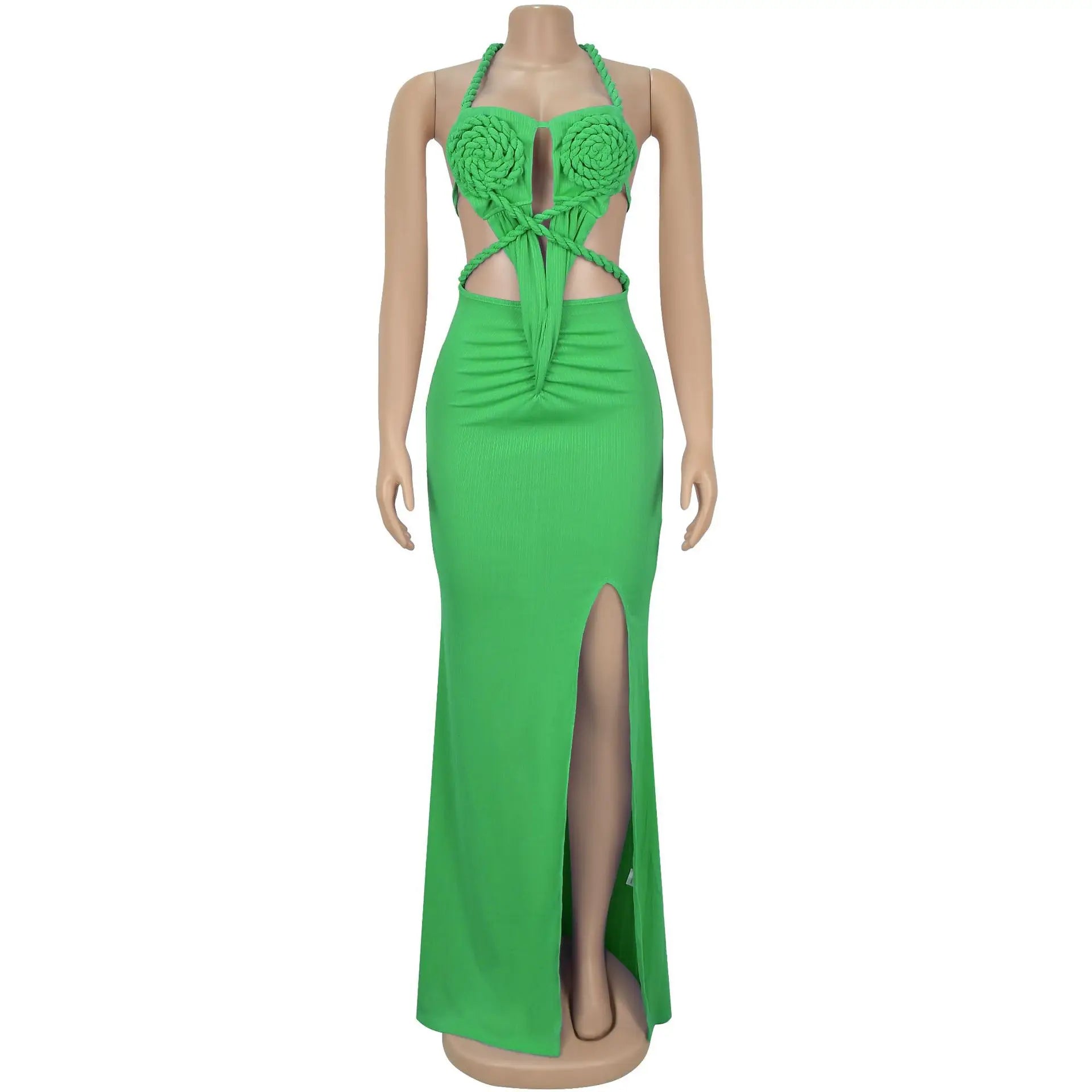 Joskaa Women Summer Knit Halter Long Dress Sexy Hollow Backless Slit Bodycon Maxi Dresses Holiday Party Club Beachwear S-XXL