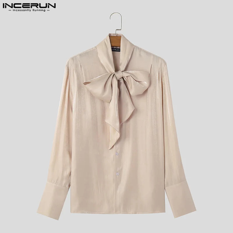 INCERUN Tops 2024 Korean Style Men's Ribbon Pleated Glitter Design Shirts Leisure Male Solid All-match Long Sleeved Blouse S-5XL