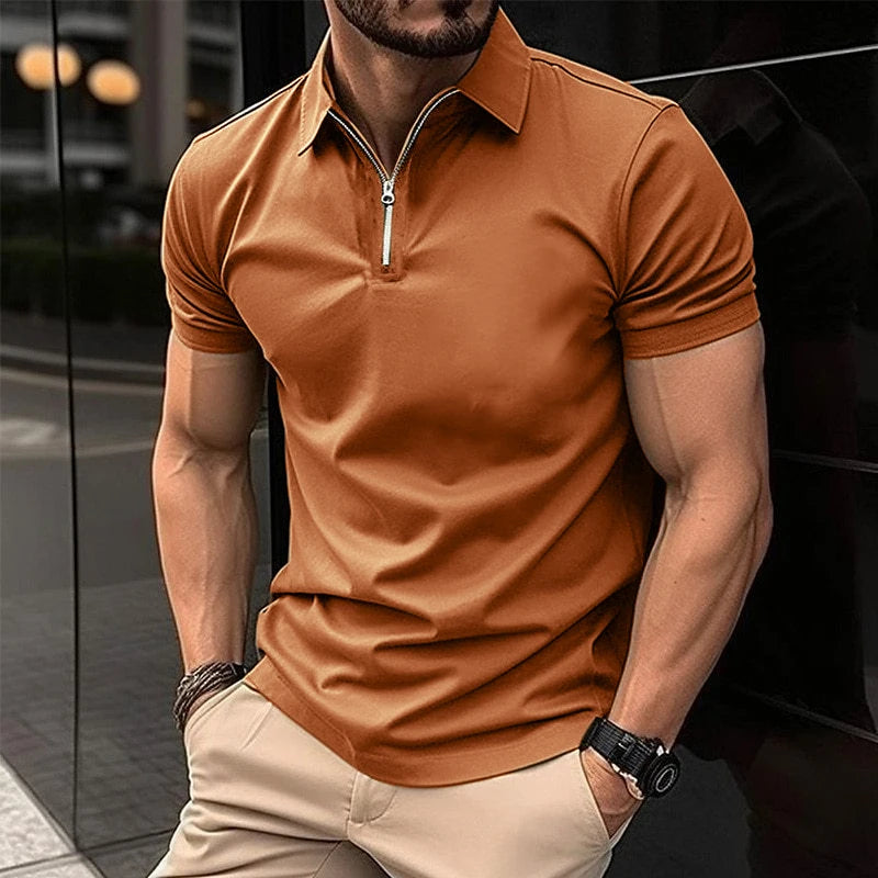 Men's Solid Color Polo Shirt Short Sleeve Zipper Collar Tshirts &for Men Summer Turn-Down Streetwear New Male Jogger Tops
