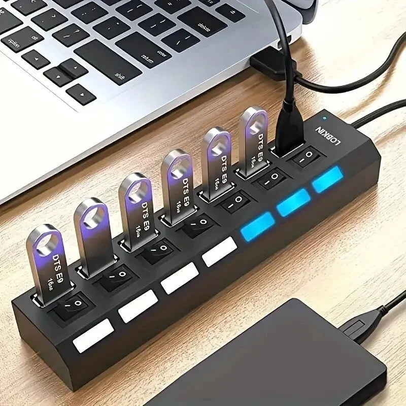 Hoëspoed 4/7 Poorte USB HUB 2.0 Adapter Uitbreider Multi USB-verdeeler Meervoudige verlenger met LED-lampskakelaar vir rekenaar skootrekenaar