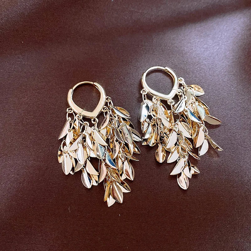 South Korea new design fashion jewelry 14K gold plated leaf tassel love earrings elegant women's daily work accessories