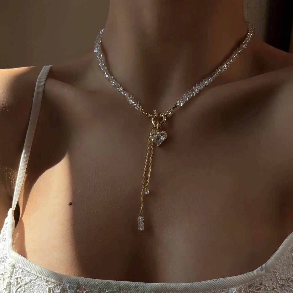 Fashion Vintage Black Geometric Crystal Chain Zircon crystal Heart-shaped Pendant Necklace For Women Female Boho Jewelry Neelry