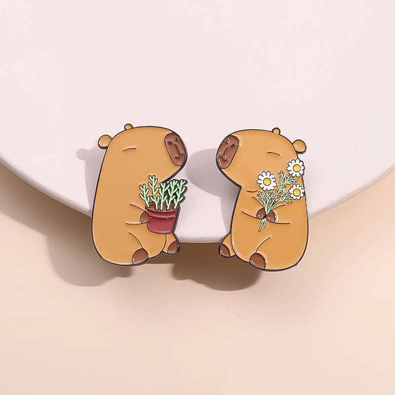 Cute Capybara Animal Enamel Pins Cartoon Cappy with Coffee Metal Brooches Lapel Badge Funny Animal Jewelry Gifts for Friends