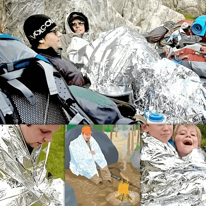 Outdoor emergency silver survival blanket with lightweight aluminum foil insulation suitable for camping hiking, and evacuation