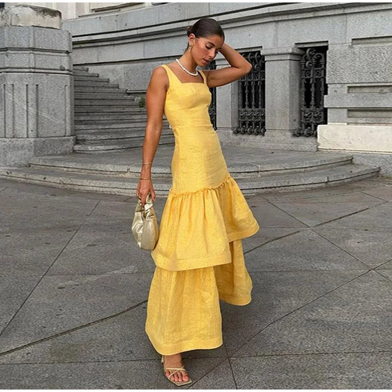 Elegant Ruffles Shiny Dress Women Square Neck A Line Solid Sleeveless Robe Female 2024 Summer Fashion Party Evening Dresses Lady