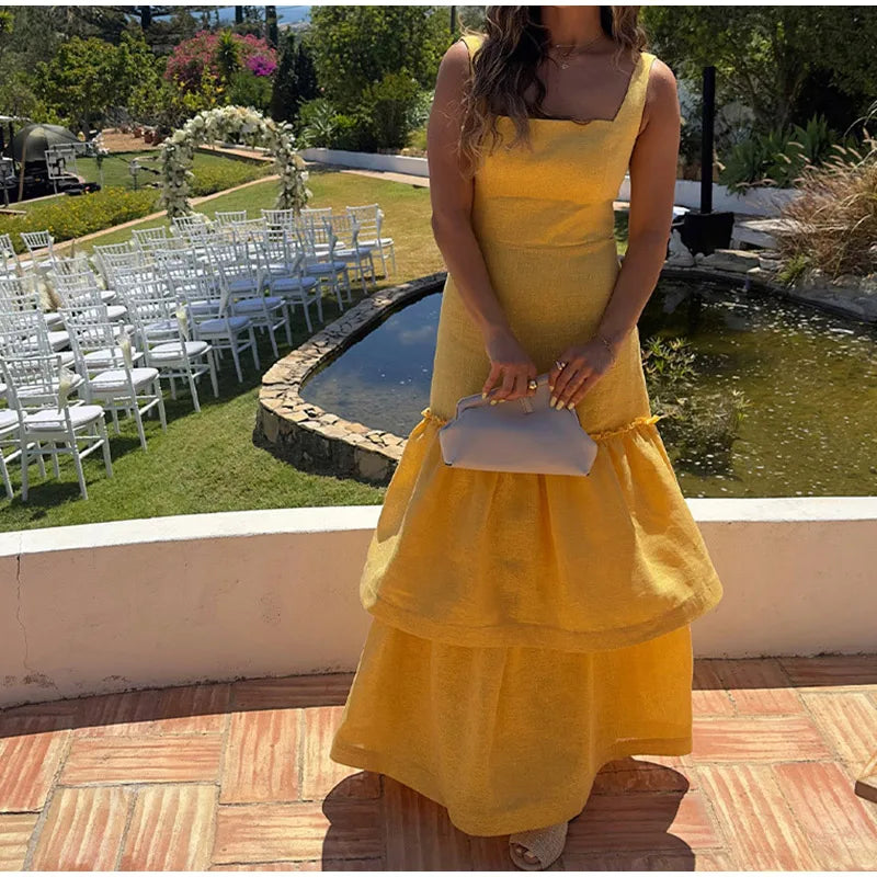 Elegant Ruffles Shiny Dress Women Square Neck A Line Solid Sleeveless Robe Female 2024 Summer Fashion Party Evening Dresses Lady